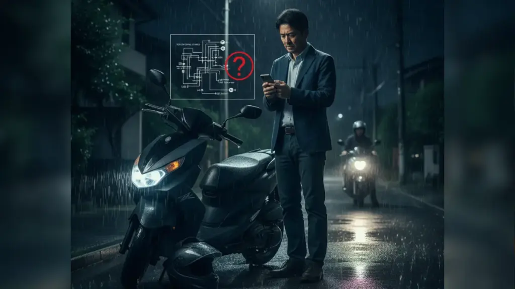 夜道で故障し、立ち往生しているアクシスZと日本人男性のオーナー。男性はスマートフォンで「エンジンが止まる 原因」と検索しており、困惑した表情を浮かべている。