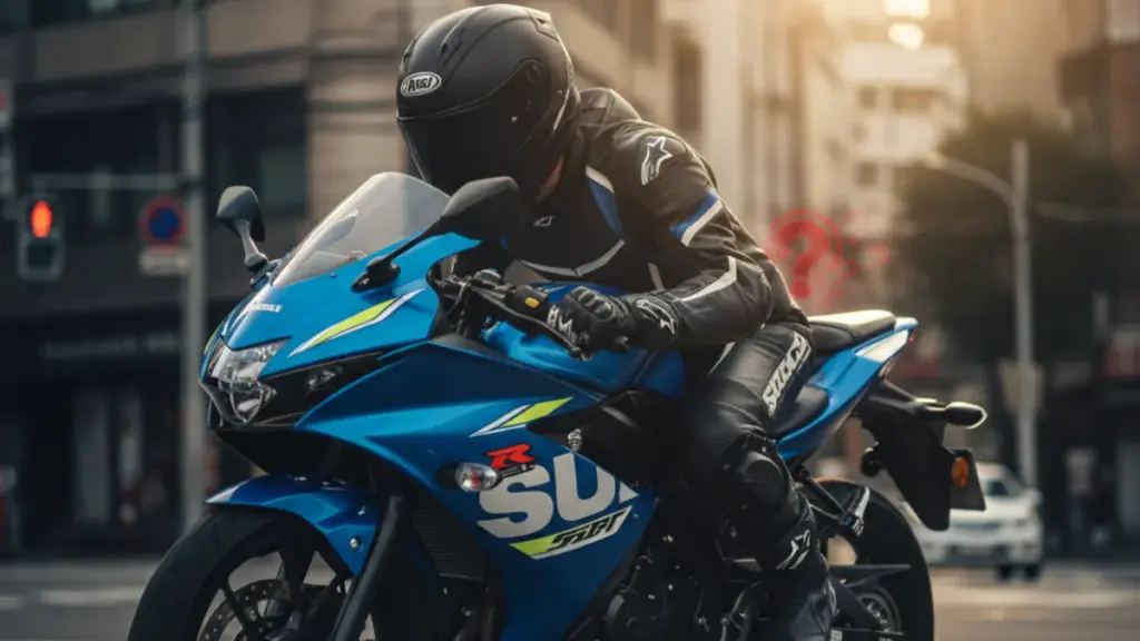 市街地の信号で停車中、前傾姿勢で少しつらそうな様子のGSX-R125ライダー