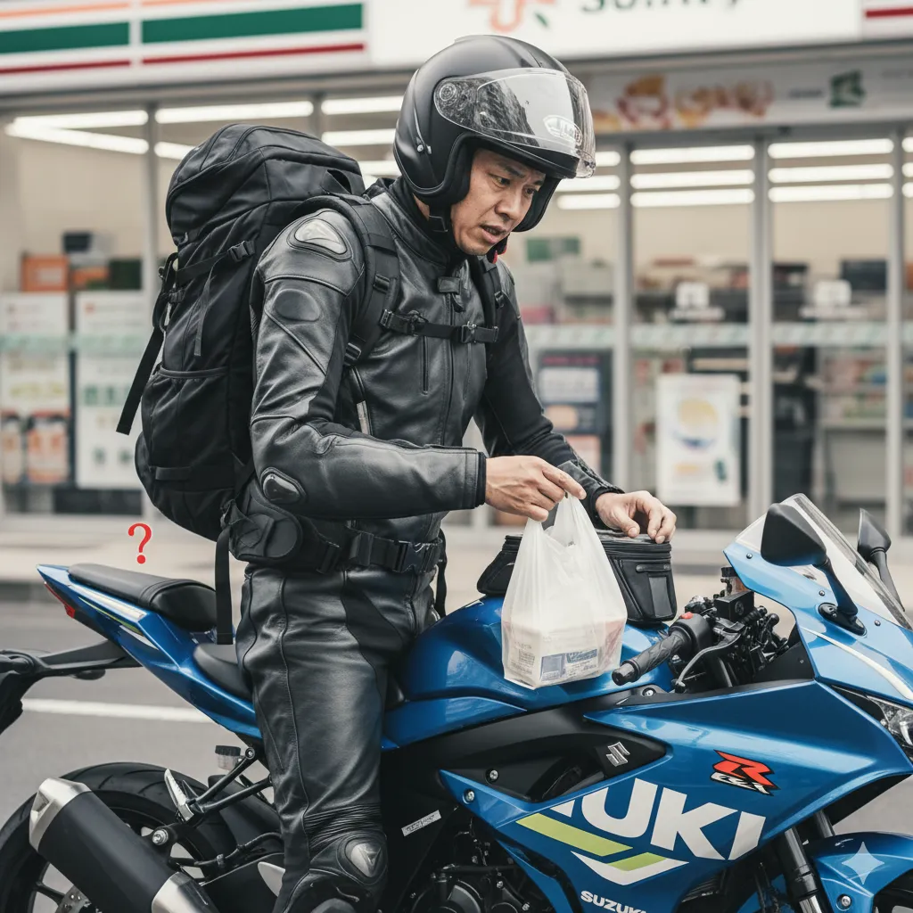 GSX-R125のシート下に荷物を収納しようと試みるも入らず困っているライダー