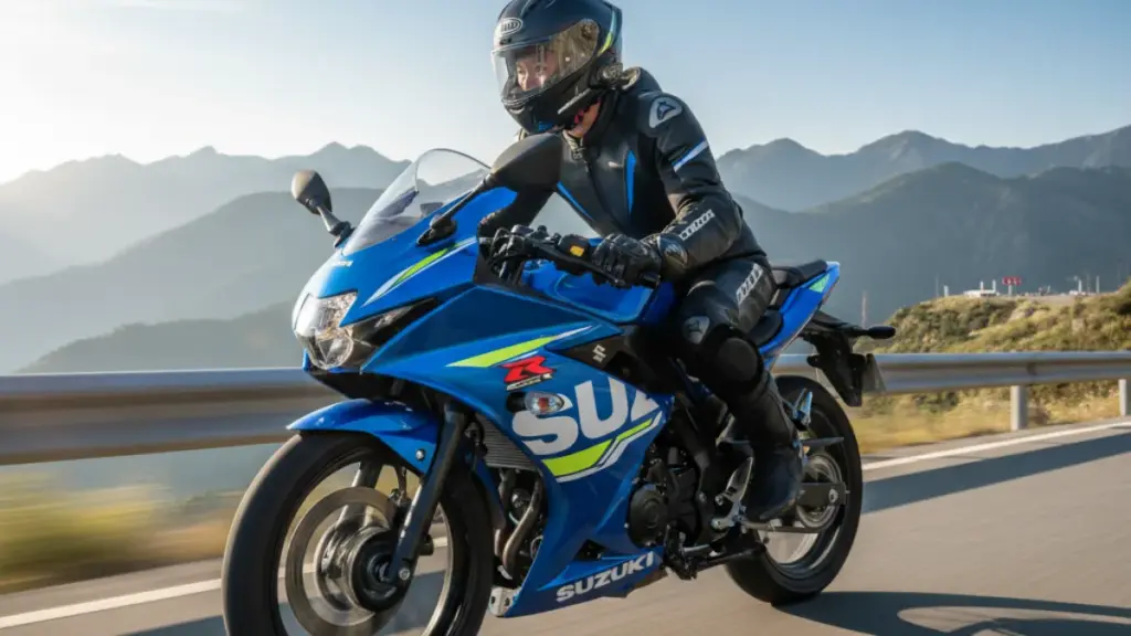 峠道を爽快に駆け抜ける青いGSX-R125とライダー、背景には美しい山並みが広がる