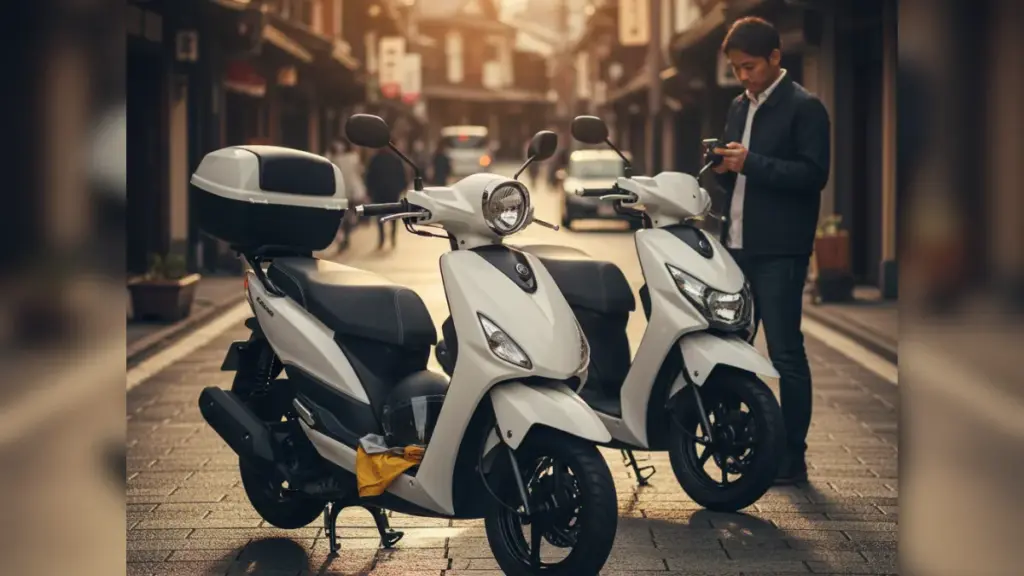 街中に停車しているヤマハ ジョグ125とアクシスZのスクーターを前に、スマートフォンの検索窓に「ジョグ125 後悔」と入力している日本人の男性。