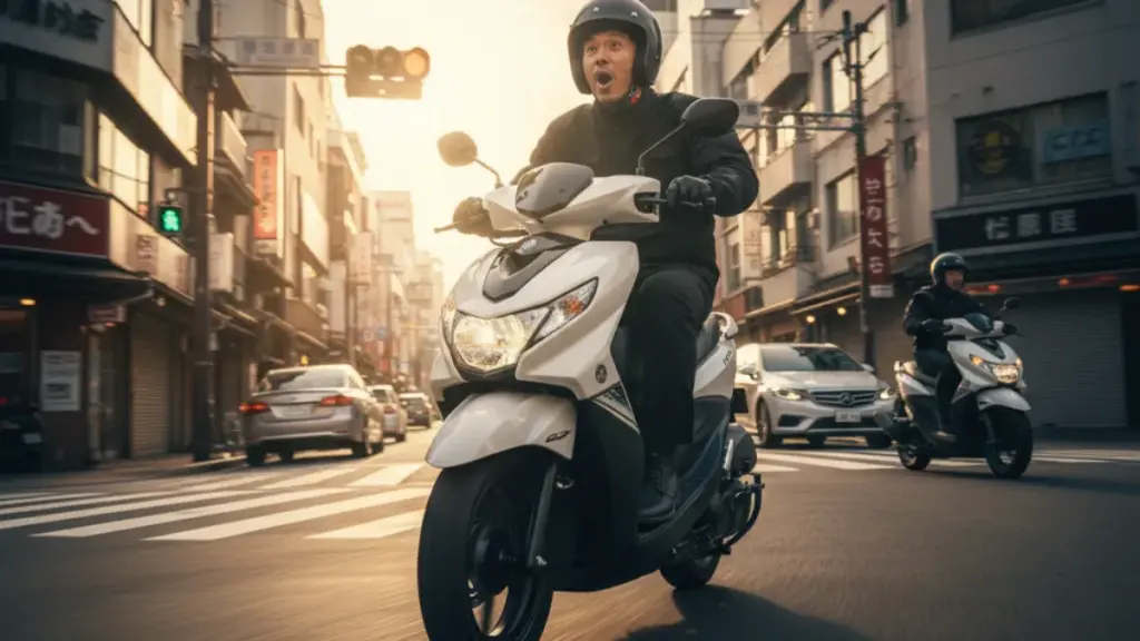 日本の市街地でヤマハ ジョグ125に乗る日本人の男性。信号が青になり、軽快にスタートダッシュを決めている。