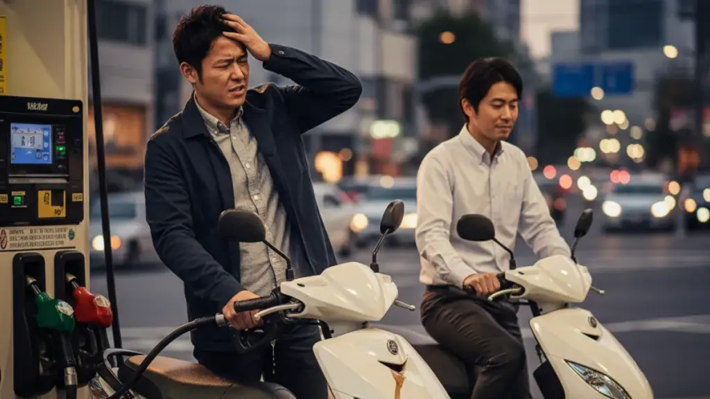 ガソリンスタンドでヤマハ ジョグ125に給油している日本人の男性。何度も給油が必要なことに頭を抱えている。隣のアクシスZに乗る友人は落ち着いて見ている。