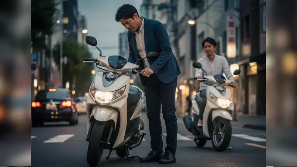 街中で自身のヤマハ ジョグ125のフロントドラムブレーキを覗き込み、不満そうな表情を浮かべる日本人の男性。隣には友人アクシスZが停車している。