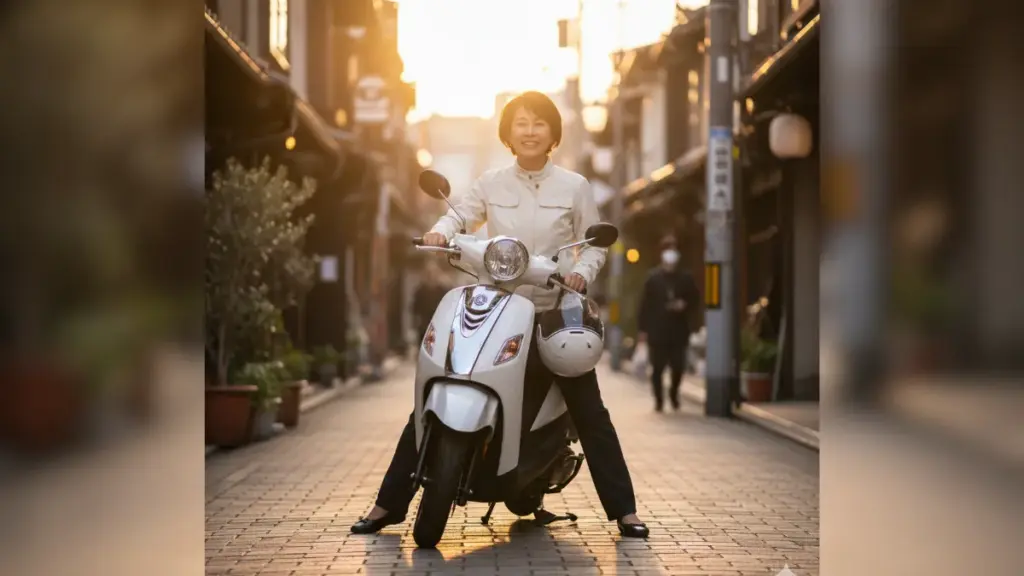 夕日が差し込む日本の古い街並みで、ヤマハ ジョグ125にまたがり、両足が地面にベッタリと着いていることに満足げな笑顔を見せる小柄な日本人の女性。