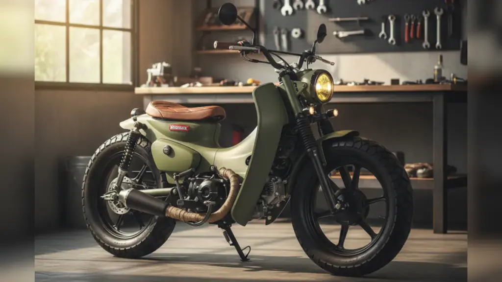 プロのカスタムショップのガレージに置かれた、カーキ色のスーパーカブのカスタムコンプリート車両。ボバースタイルで、ブラウンのソロシートと太いタイヤが特徴的。背景には工具が並び、整備されたプロフェッショナルな雰囲気が漂っている。