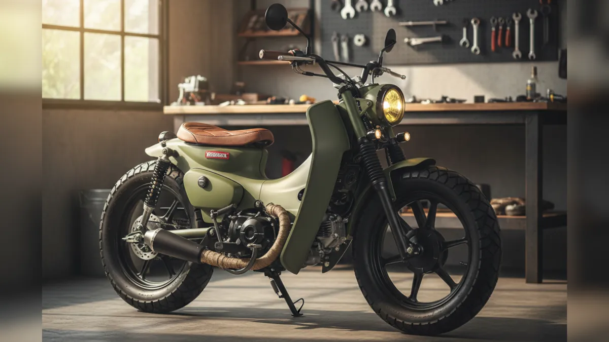 プロのカスタムショップのガレージに置かれた、カーキ色のスーパーカブのカスタムコンプリート車両。ボバースタイルで、ブラウンのソロシートと太いタイヤが特徴的。背景には工具が並び、整備されたプロフェッショナルな雰囲気が漂っている。