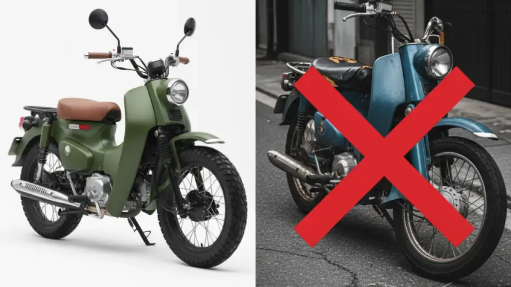 左側にカスタムコンプリートされた真新しいスーパーカブ、右側に使い込まれた中古カスタム車両が並べられた比較イメージ。カスタムコンプリートはプロによる仕上がりを、中古カスタムは個人売買のリスクを暗示している。