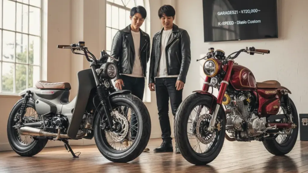 広々としたショールームで、二人の日本人男性が最高級のカスタムコンプリートスーパーカブを見ている。一台はマットブラックのボバースタイル、もう一台はメタリックレッドのクラシックカスタム。背後のモニターには価格情報が表示されている。