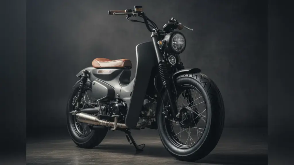 暗い背景のスタジオに佇む、マットブラックのスーパーカブのボバースタイルカスタム。短いフェンダー、ブラウンのソロシート、そして極太のタイヤが特徴的で、洗練された無骨さを表現している。