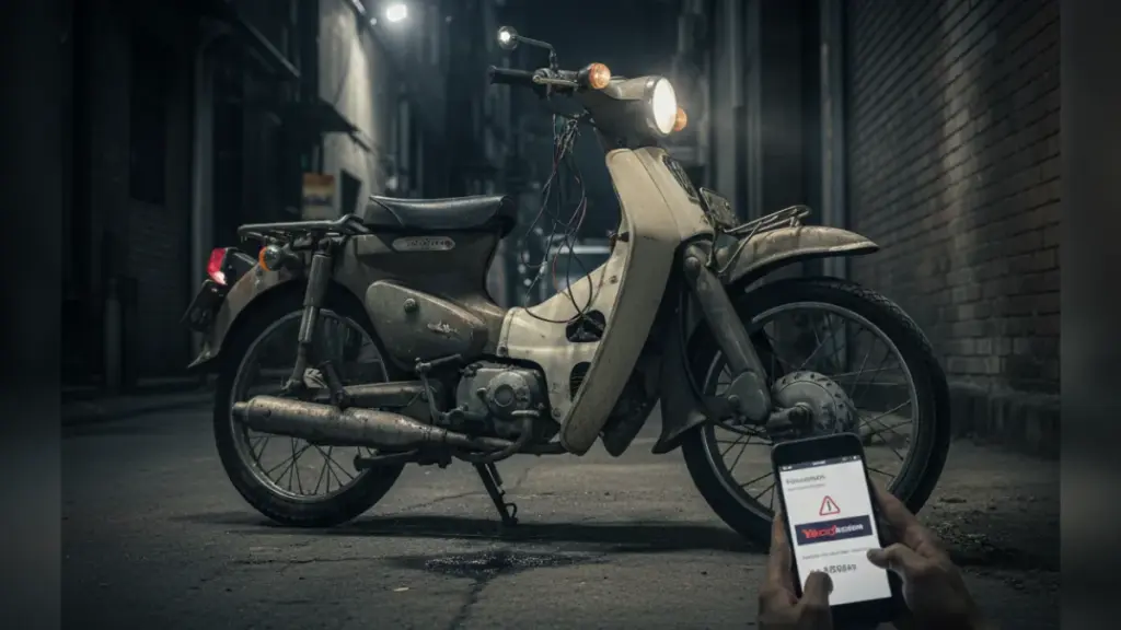 薄暗い路地に放置されたかのような、ボロボロの中古スーパーカブ。手前で日本人がスマートフォンを操作しており、画面にはオークションサイトと警告マークが表示されている。安価な個人売買に潜むリスクを象徴している。