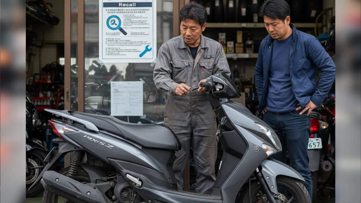 バイクショップの前で、整備士がアクシスZの燃料タンクやスピードメーターの不具合について説明している様子。隣には不安そうな表情の日本人男性のオーナーが立っており、修理中のアクシスZが手前にある。