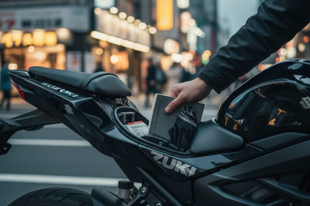 GSX-S125のタンデムシート下の収納スペースに、無理やり薄い冊子とグローブを入れようとしている日本人男性の手。積載性の低さを表現。