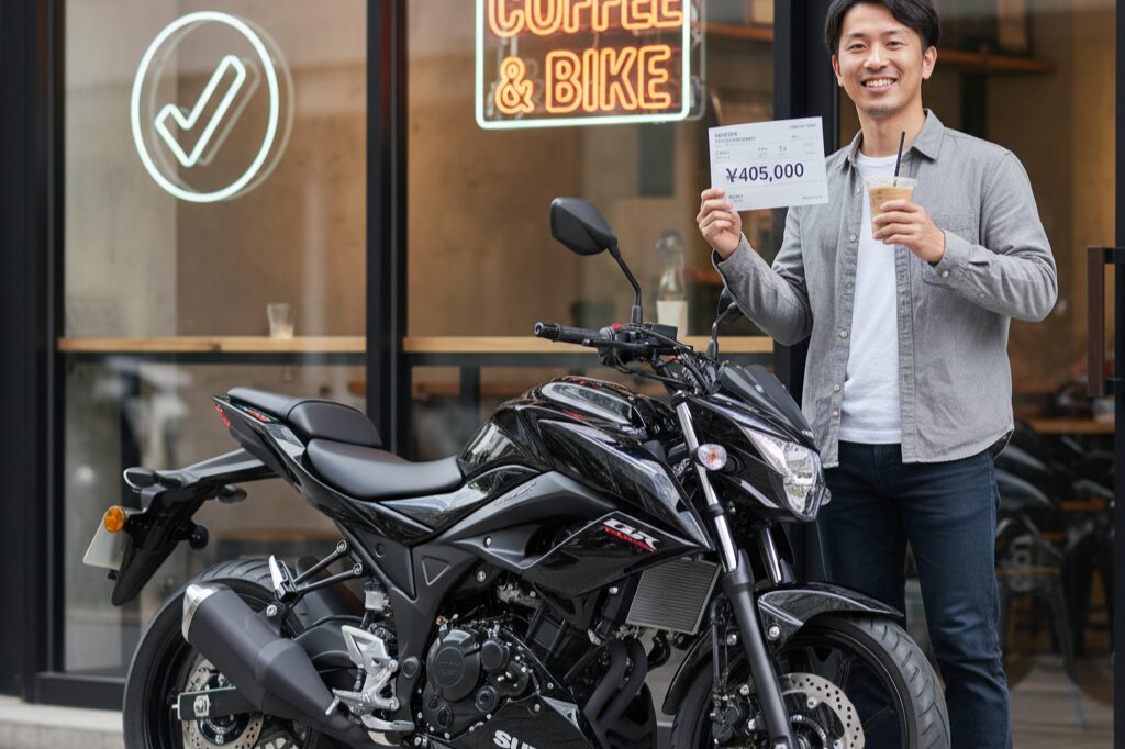 カフェの前でGSX-S125の横に立ち、手にしたレシートとコーヒーを見ながら満足げに微笑む日本人男性。バイクの価格とコスパの良さを表現。