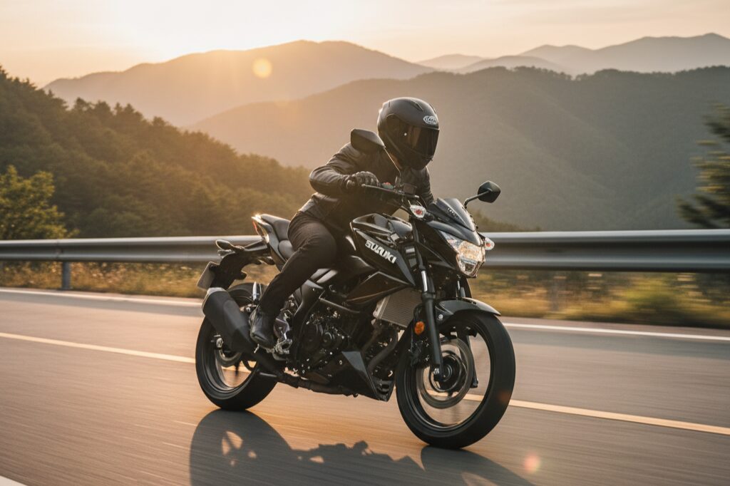 峠道を軽快にコーナリングするGSX-S125に乗る日本人ライダー。夕日が差し込む中、バイクの走行性能と楽しさを表現。