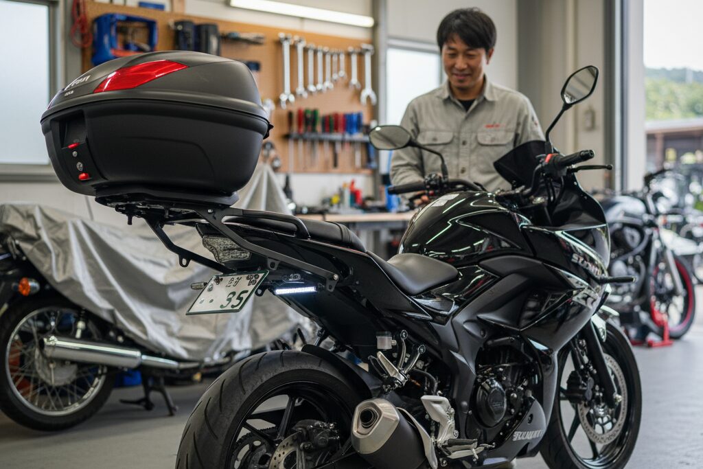 リアボックスとフェンダーレスキットでカスタムされたGSX-S125。ガレージで満足げにバイクを見つめる日本人男性。