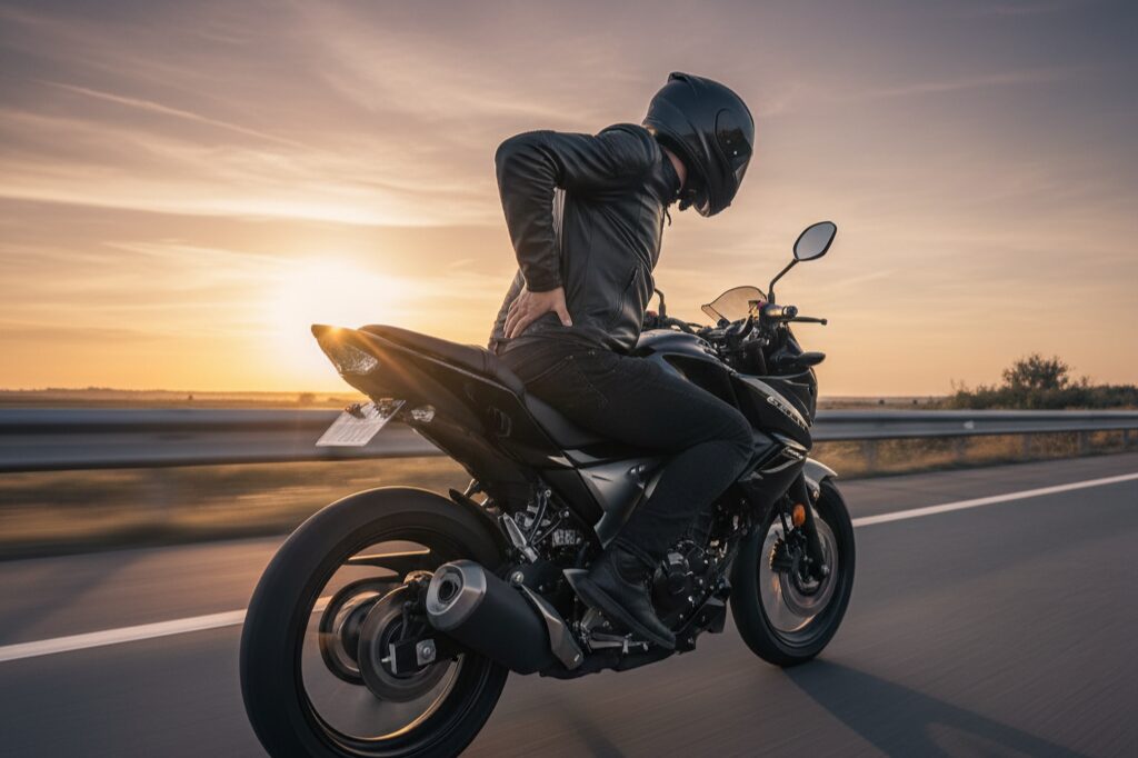 夕暮れの高速道路をGSX-S125で走行中に、お尻の痛みに耐えかねて腰をさする日本人ライダー。シートの硬さによる尻痛を表現。