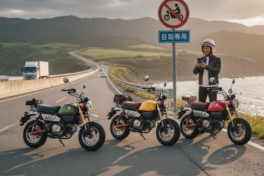 高速道路の入り口で、通行禁止の標識を見て困惑した表情でスマートフォンを操作する日本人ライダーと、その隣に並んだモンキー125が3台。