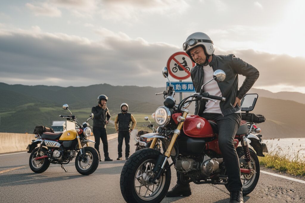 長距離ツーリングの休憩中に、お尻の痛みに顔をしかめながら腰をさすっている日本人ライダー。その背景には、休憩している友人たちとモンキー125が見える。