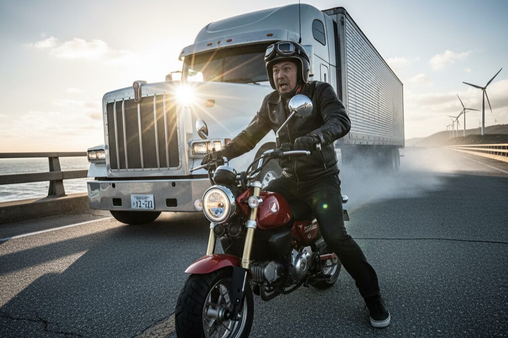 橋の上で大型トラックに追い越され、強い横風に煽られてバランスを崩しかけるモンキー125に乗った日本人ライダー。