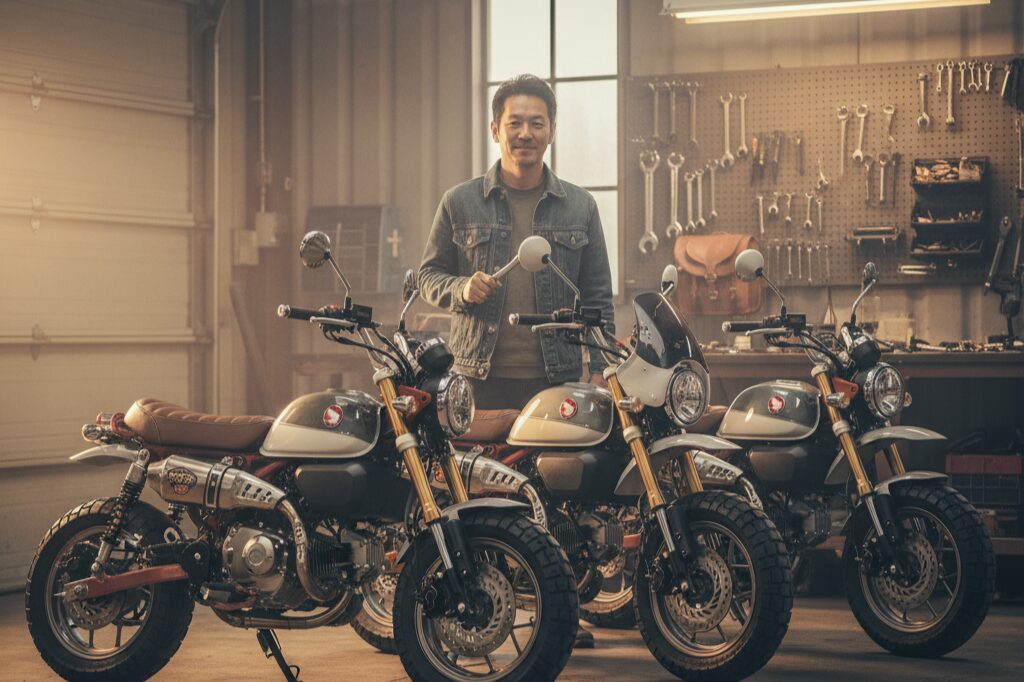 ガレージで自分好みにカスタムされた3台のモンキー125に囲まれ、工具を手に満足げな表情で立つ日本人男性。