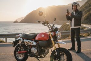 雄大な海岸線を背景に、美しい夕焼けの中でモンキー125とスマートフォンで写真を撮るライダーの日本人男性。