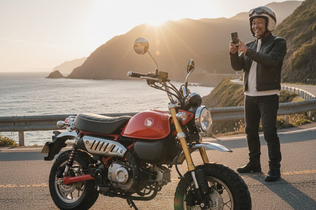 雄大な海岸線を背景に、美しい夕焼けの中でモンキー125とスマートフォンで写真を撮るライダーの日本人男性。