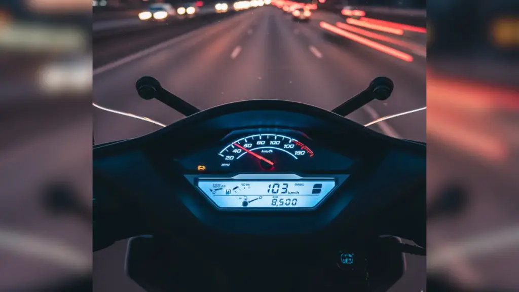 PCX125のスピードメーターが時速100km/hから110km/hを指しているクローズアップ。針が動いている瞬間のようだ。