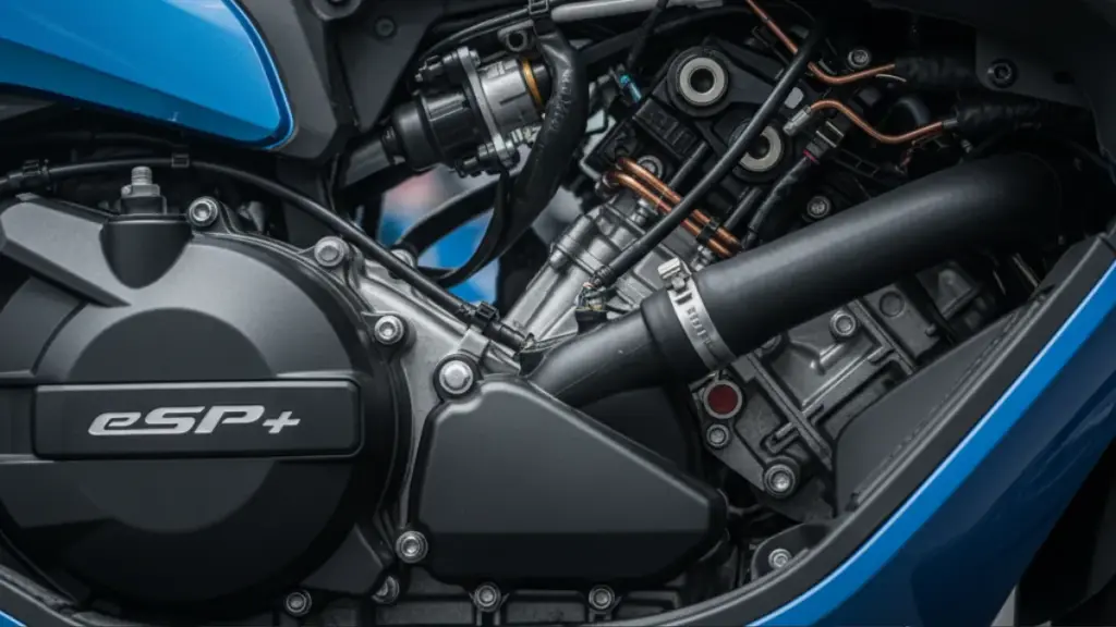 最新モデルのPCX125(JK05)のエンジン部分を強調したクローズアップ。eSP+エンジンと4バルブシステムが見える。