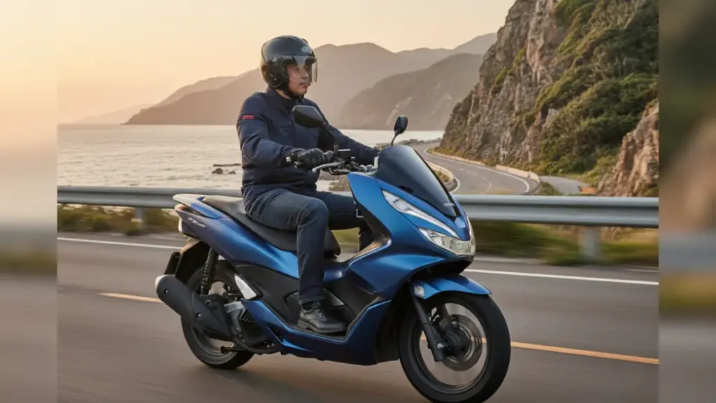 PCX125が郊外の道を安定して走行している様子。ライダーはヘルメットを着用し、ツーリングを楽しんでいる。