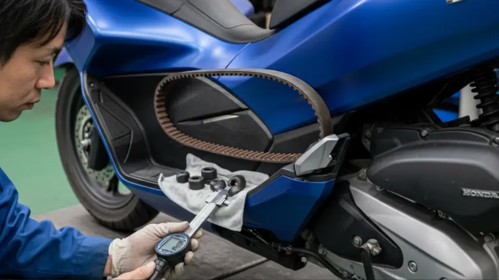 バイクショップでPCX125の駆動系(Vベルト、ウェイトローラー)が点検されている様子。メカニックが注意深く作業している。