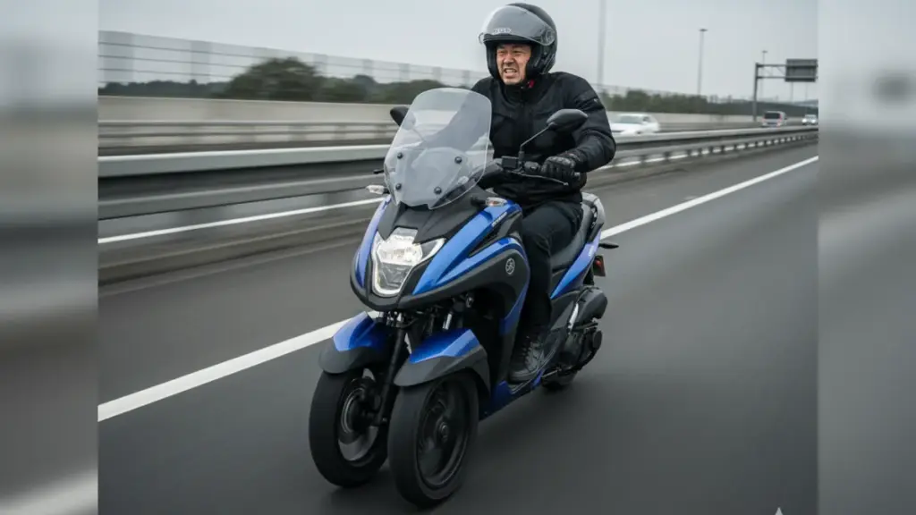 高速道路を走行中に風圧や振動で顔をしかめ、辛そうな表情のトリシティ155の日本人男性ライダー。