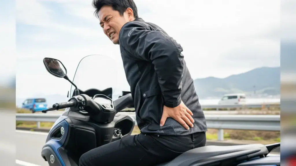 長時間トリシティ155に乗車し、腰とお尻の痛みに耐える日本人男性ライダー。