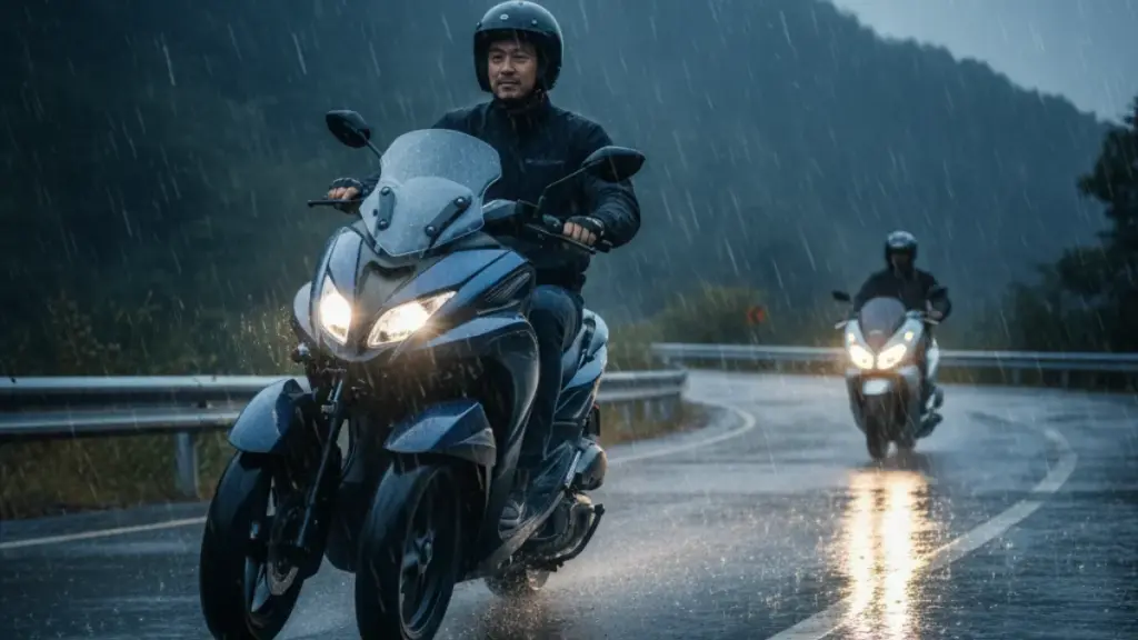 雨の山道を安定して走行するトリシティ155の日本人男性ライダー。後方にはPCXらしきバイクも見える。