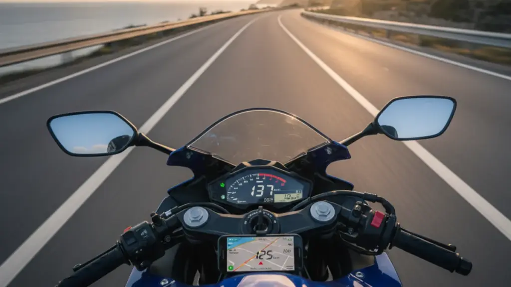 バイクのライダー視点。道路を高速走行中で、メーターが137km/hを示し、ハンドル中央のスマートフォンでGPS速度が125km/hを表示している。